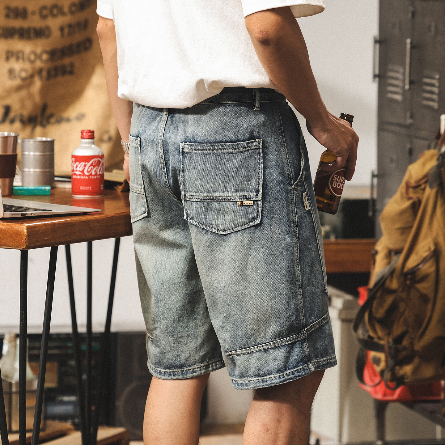 美式復古牛仔短褲男2025夏季新款拼接潮牌褲子男寬鬆直筒五分中褲