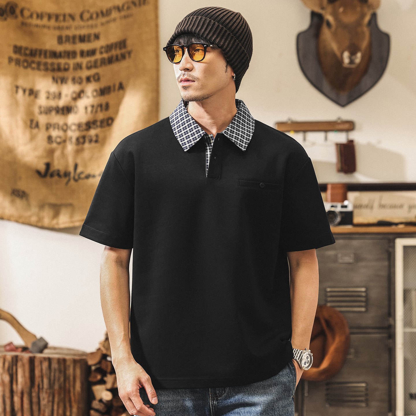 美式復古假兩件格紋Polo衫男夏季短袖男款260g重磅寬鬆潮牌T恤男