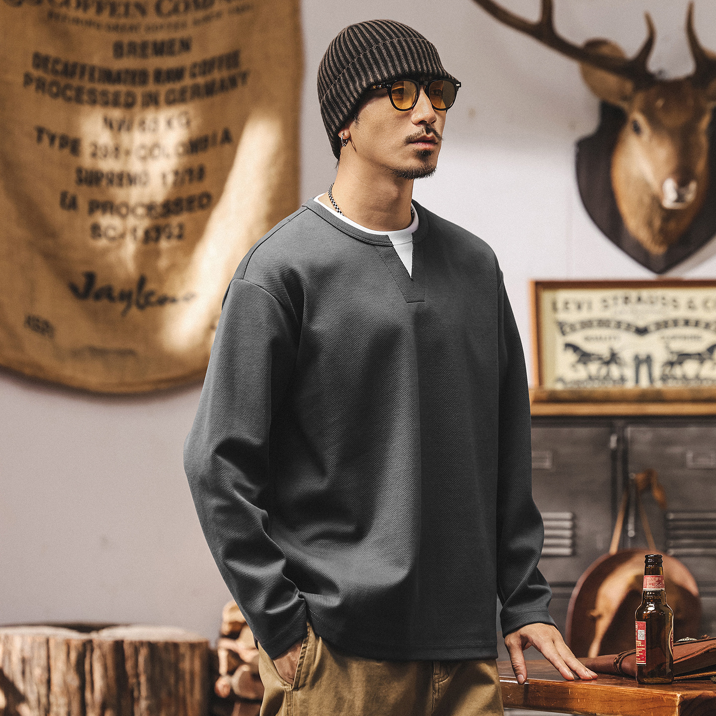 美式復古假兩件衛衣男秋季新款寬鬆大碼潮牌380g重磅T恤男士上衣