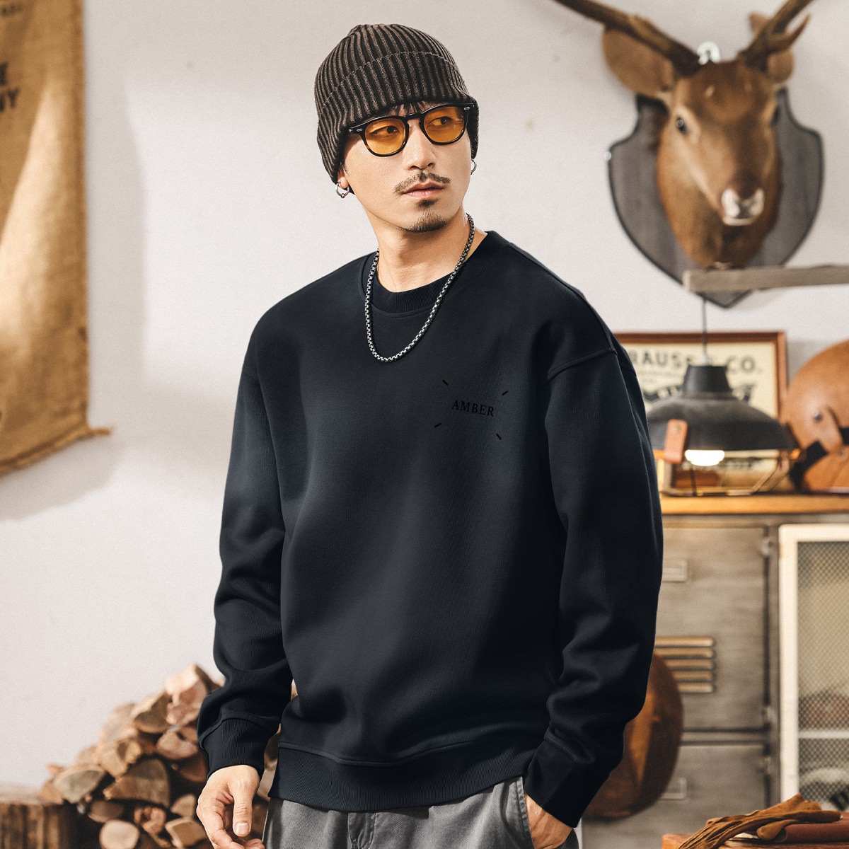 美式復古重磅圓領男士衛衣春秋新款潮牌安可拉紅寬鬆休閒秋季上衣