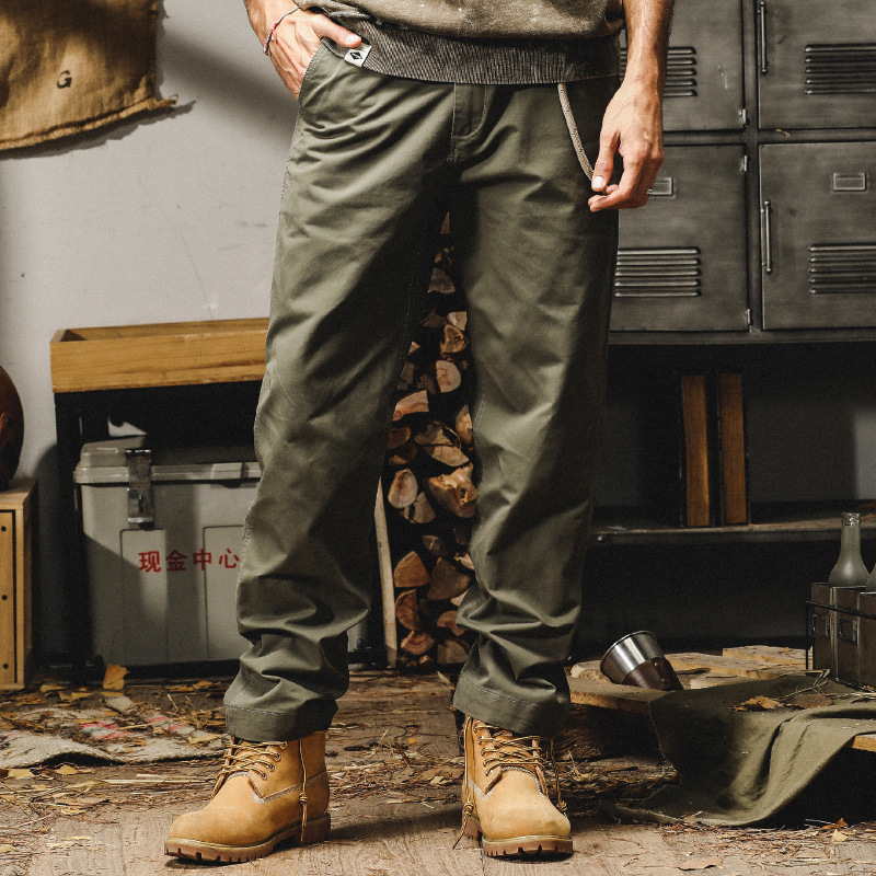 傑雷諾美式復古軍綠休閒褲男春秋款潮牌寬鬆直筒重磅硬挺工裝褲子