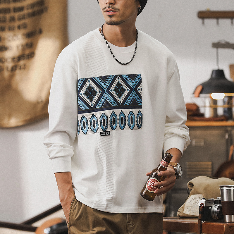 美式潮牌重磅拼接長袖t恤男寬松設計感白色上衣男士秋季衣服