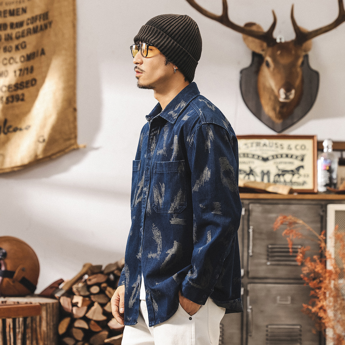 美式復古色織提花牛仔襯衫男長袖2025新款寬鬆工裝襯衣男春秋外套