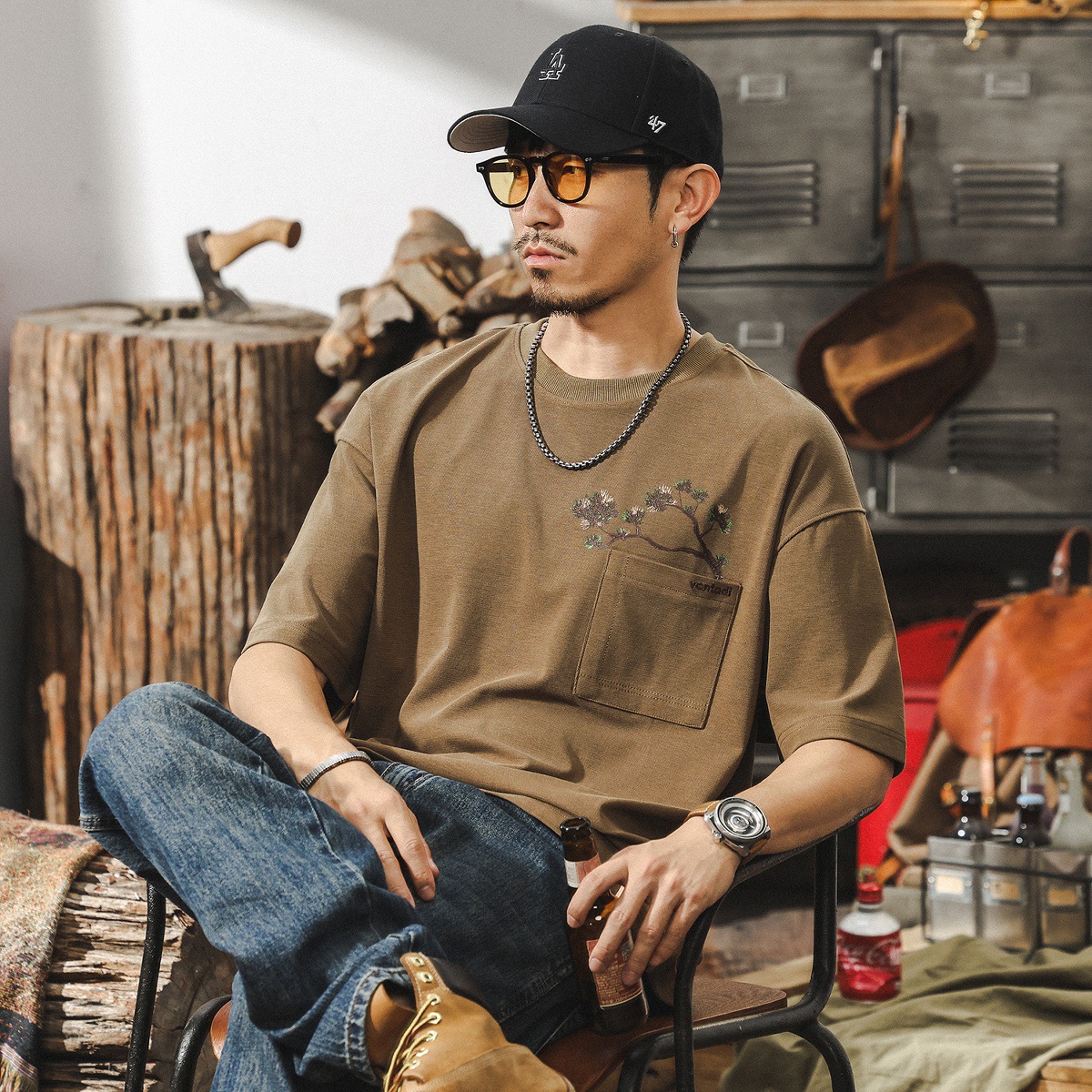 萊賽爾天絲親膚短袖男款夏季國潮印花T恤男潮牌寬鬆大碼男士上衣