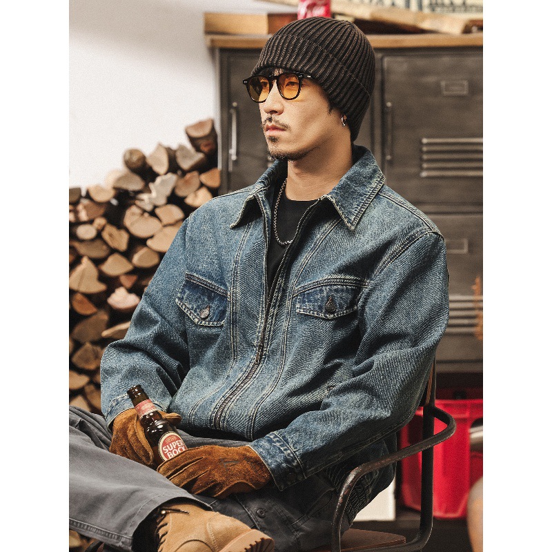 美式復古潮牌拼接解構牛仔外套男春秋款重水洗寬鬆短款工裝夾克男