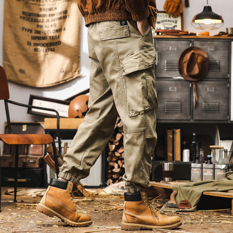 美式復古卡其色工裝褲子男秋季潮牌城市戶外通勤寬鬆大口袋休閒褲