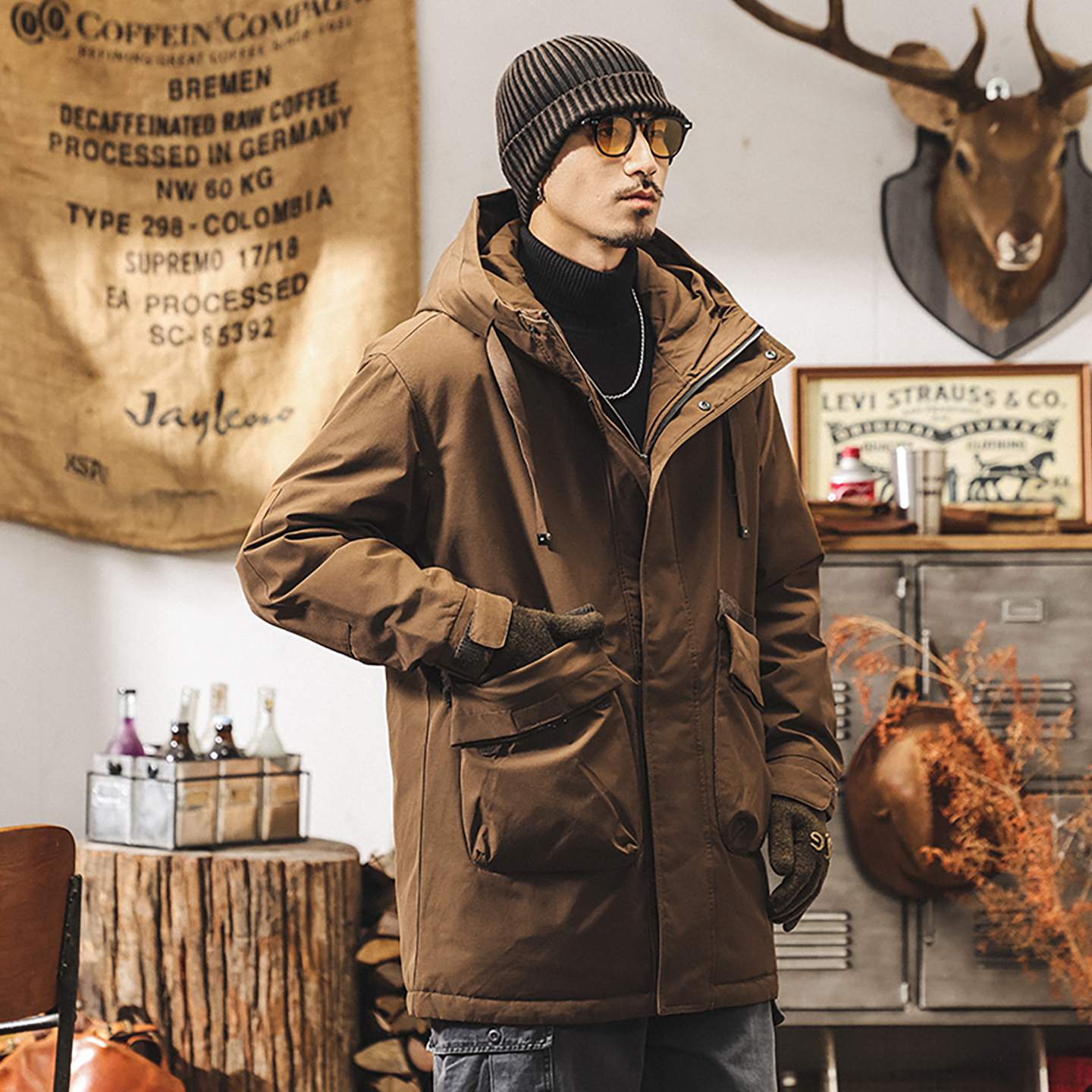 美式復古90%純白鴨絨工裝羽絨服男中長款冬季加厚抗寒保暖外套男