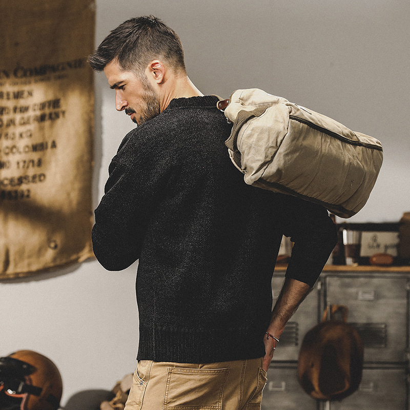 美式經典黑色加絨毛衣男冬季厚款寬鬆潮牌簡約百搭基礎打底針織衫