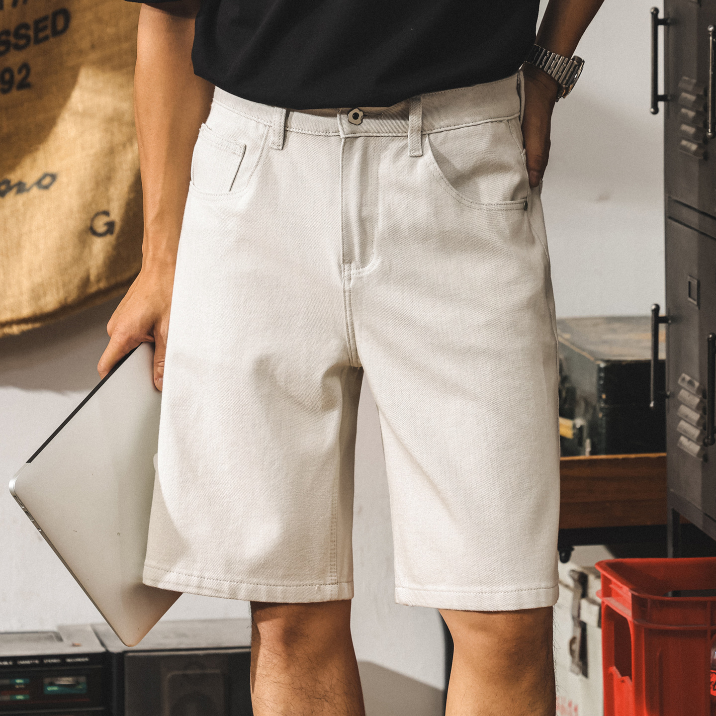 美式高級感白色牛仔短褲男夏季新款潮牌男士五分褲寬鬆休閒中褲潮