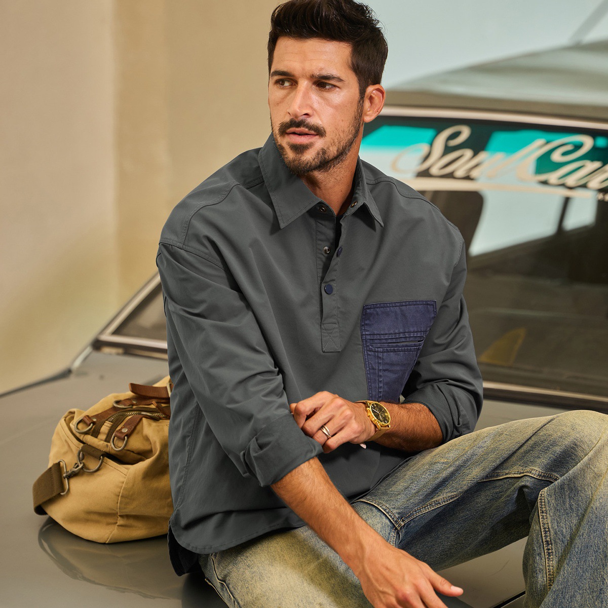 美式重磅復古工裝襯衫男春季2026新款T恤男士長袖上衣寬鬆POLO衫