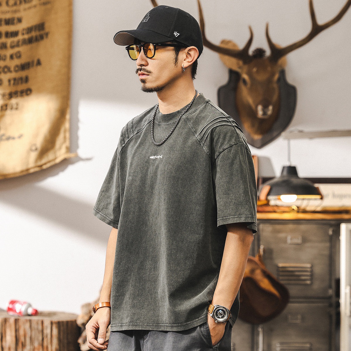 美式復古短袖男潮牌男士T恤2025新款夏季硬漢水洗寬鬆上衣男
