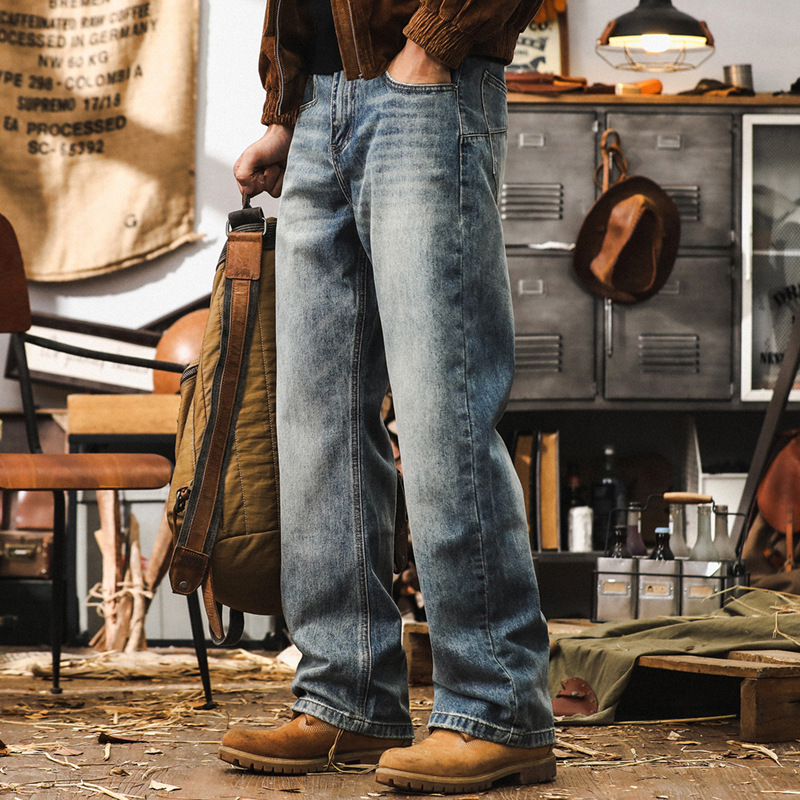 美式復古直筒牛仔褲男秋季2024新款寬鬆褲子男微喇經典水洗休閒褲