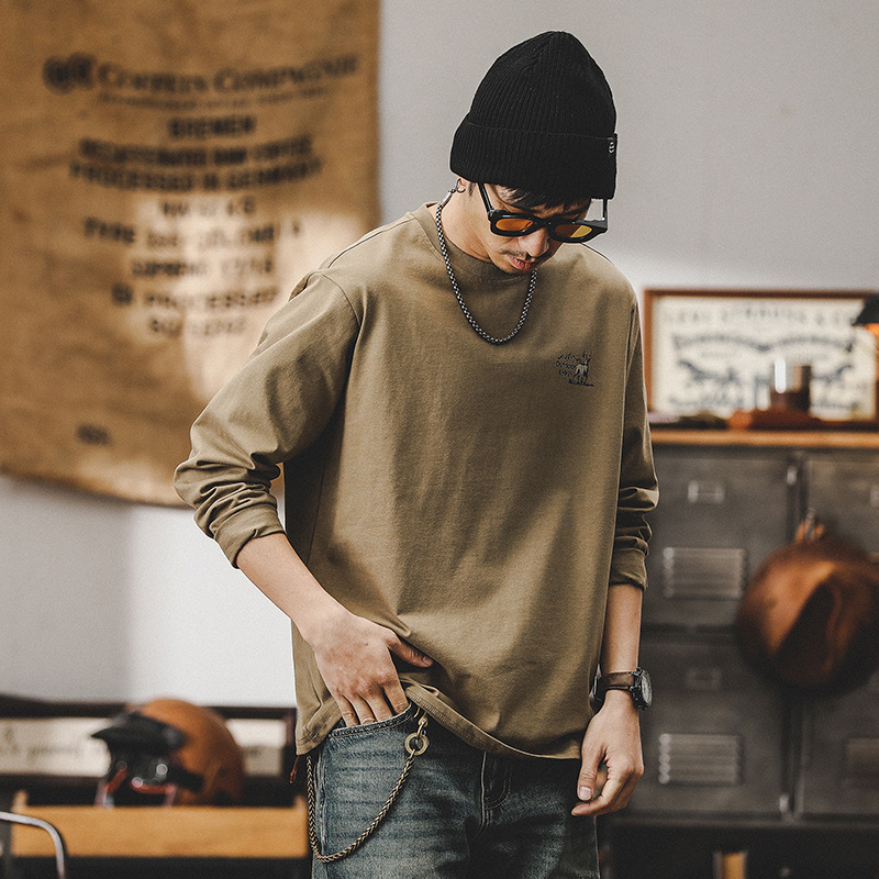 美式重磅T恤男長袖春季2024新款潮牌上衣山系印花男裝衣服男