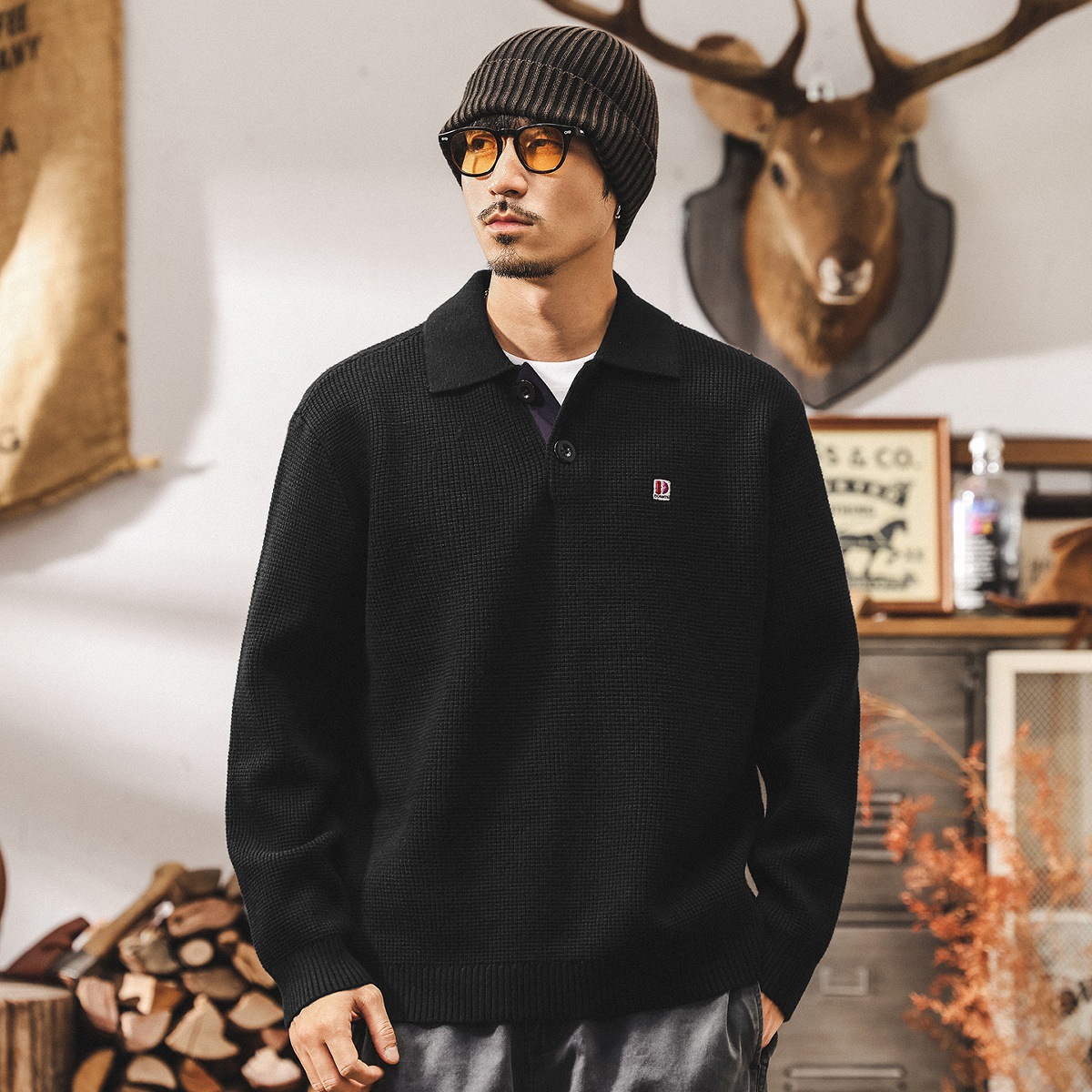 美式復古重磅毛衣男秋冬款翻領古着輕熟寬鬆長袖Polo老錢風針織衫