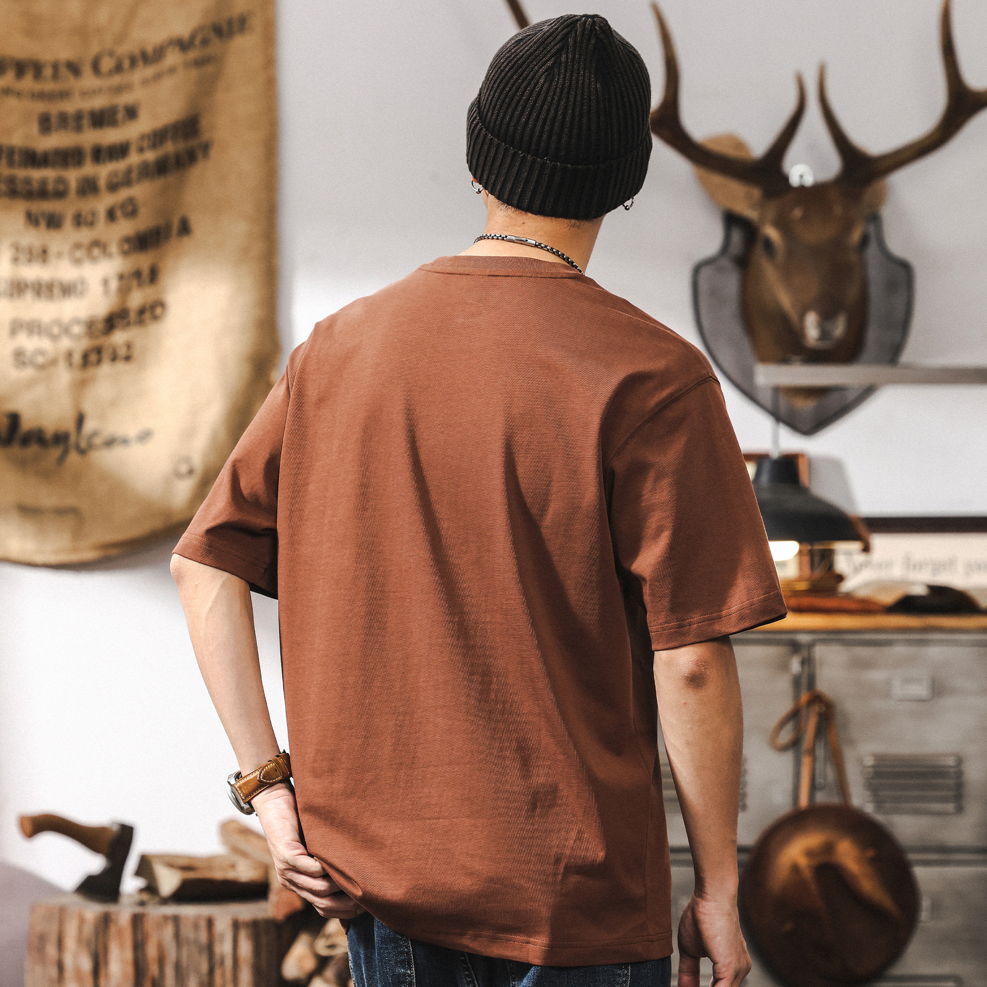 美式復古32支雙紗短袖T恤男夏季潮流簡約膠漿印花休閒上衣男