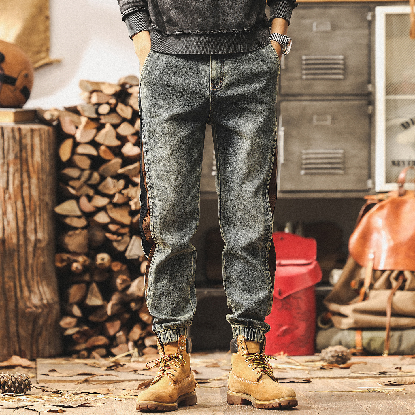 美式復古懷舊拼接撞色牛仔褲男秋季新款潮牌工裝褲子男寬鬆休閒褲