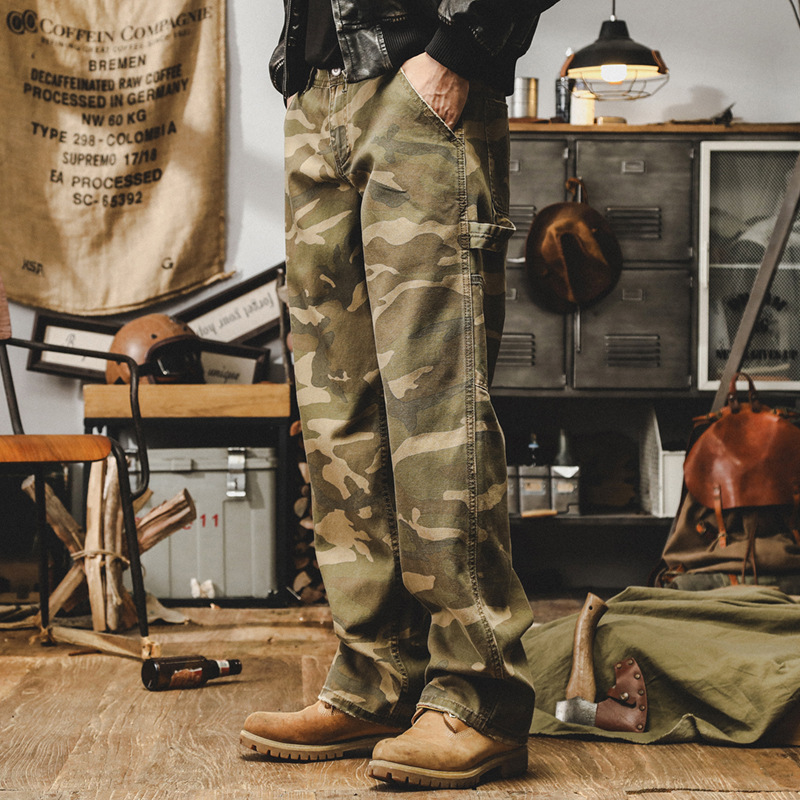 美式複古迷彩牛仔褲男秋季直筒痞帥潮流工裝褲子男戶外寬松休閑褲