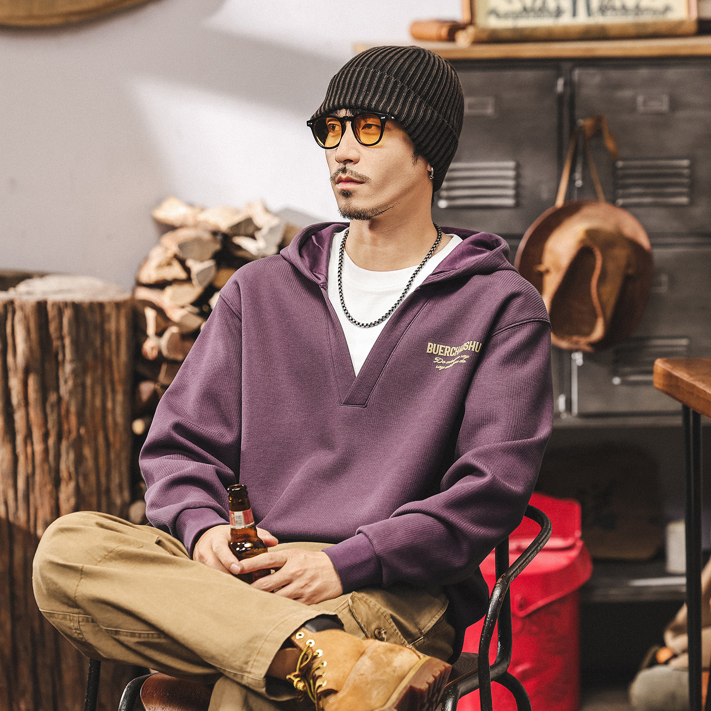 美式復古重磅假兩件V領連帽衛衣男春秋新款紫色潮流寬鬆休閒上衣