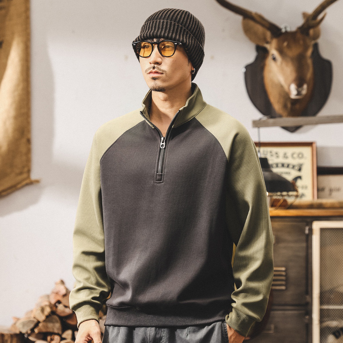 美式復古重磅半拉鍊衛衣男春秋新款潮流撞色立領寬鬆休閒男士上衣