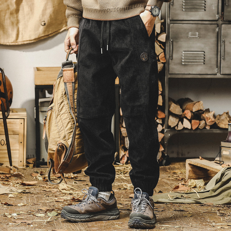 杰雷諾燈芯絨休閒褲男秋冬款寬鬆大碼束腳衛褲美式重磅加絨褲子男