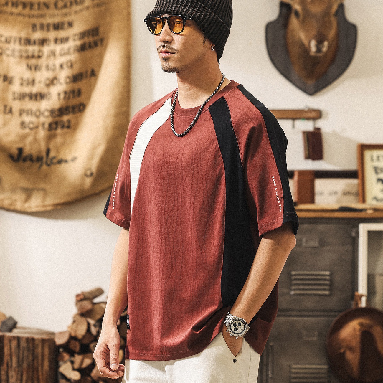美式復古重磅撞色拼接短袖男T恤夏季潮牌寬鬆酒紅色男裝上衣