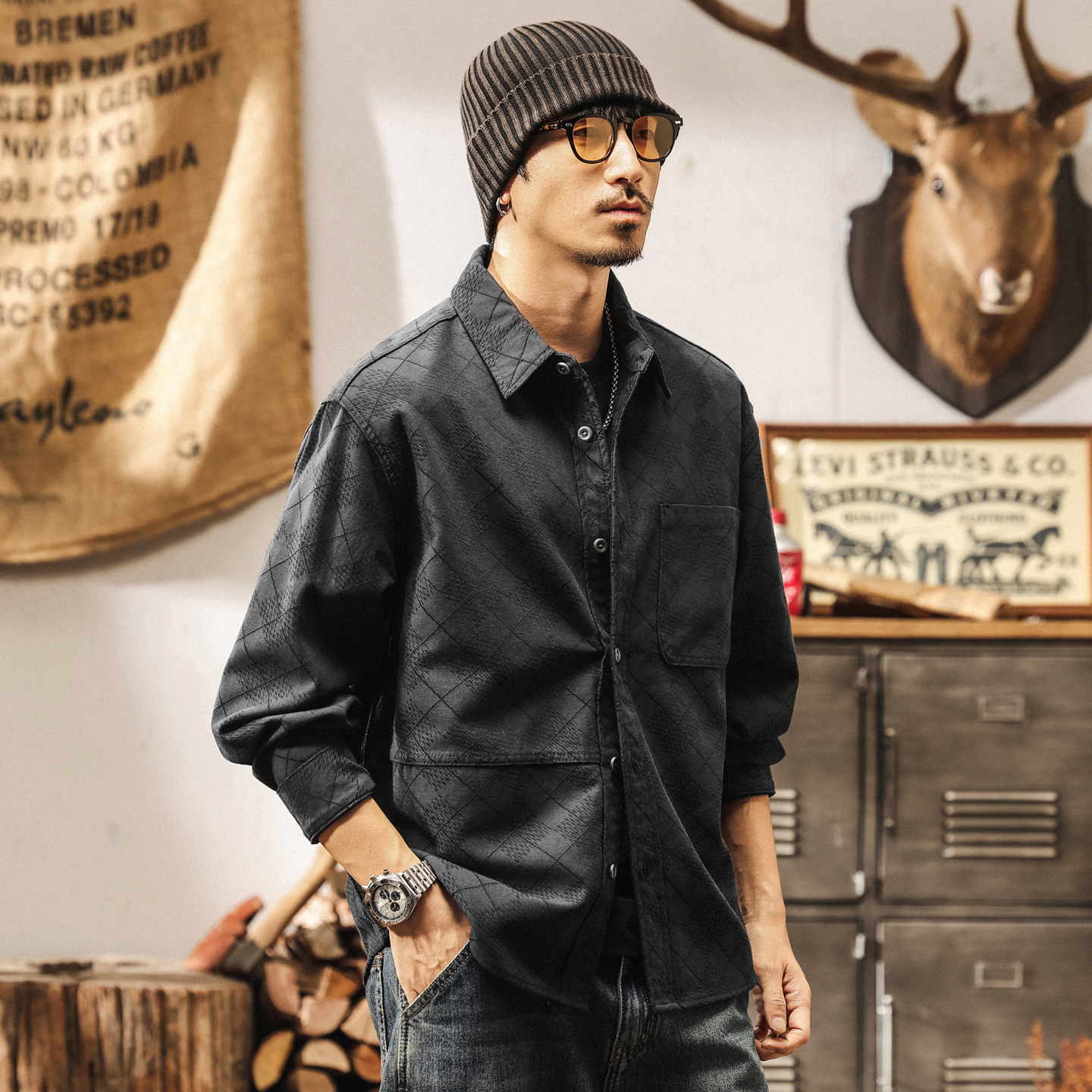 高級感竹纖維萊賽爾格紋襯衫男長袖秋季新款美式復古寬鬆襯衣外套