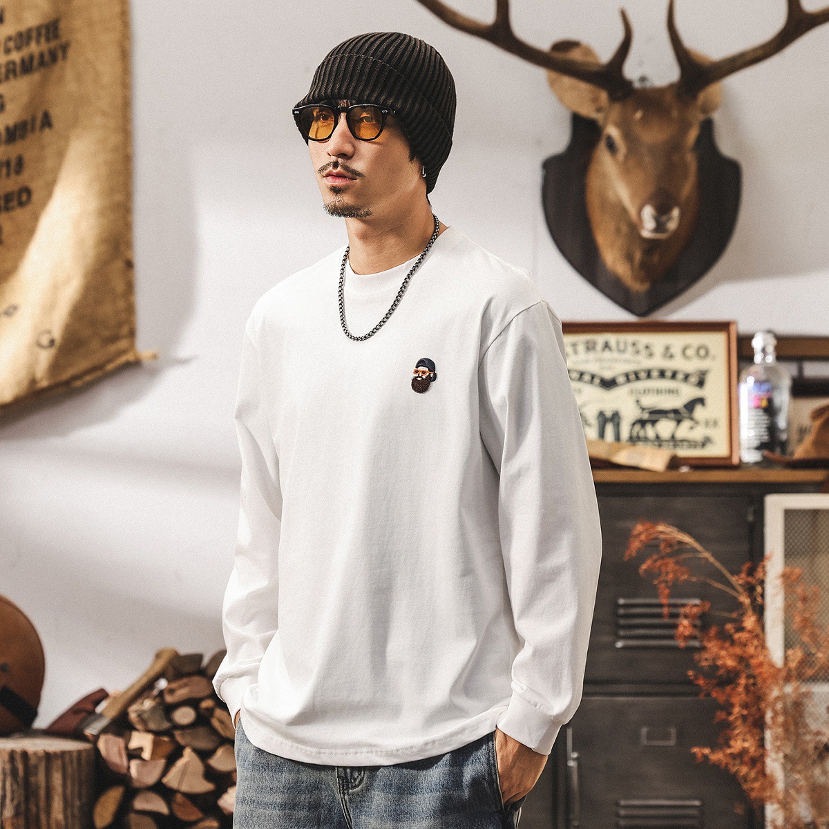 美式復古260g重磅長袖T恤男春秋新款寬鬆休閒打底衫白色純棉上衣T