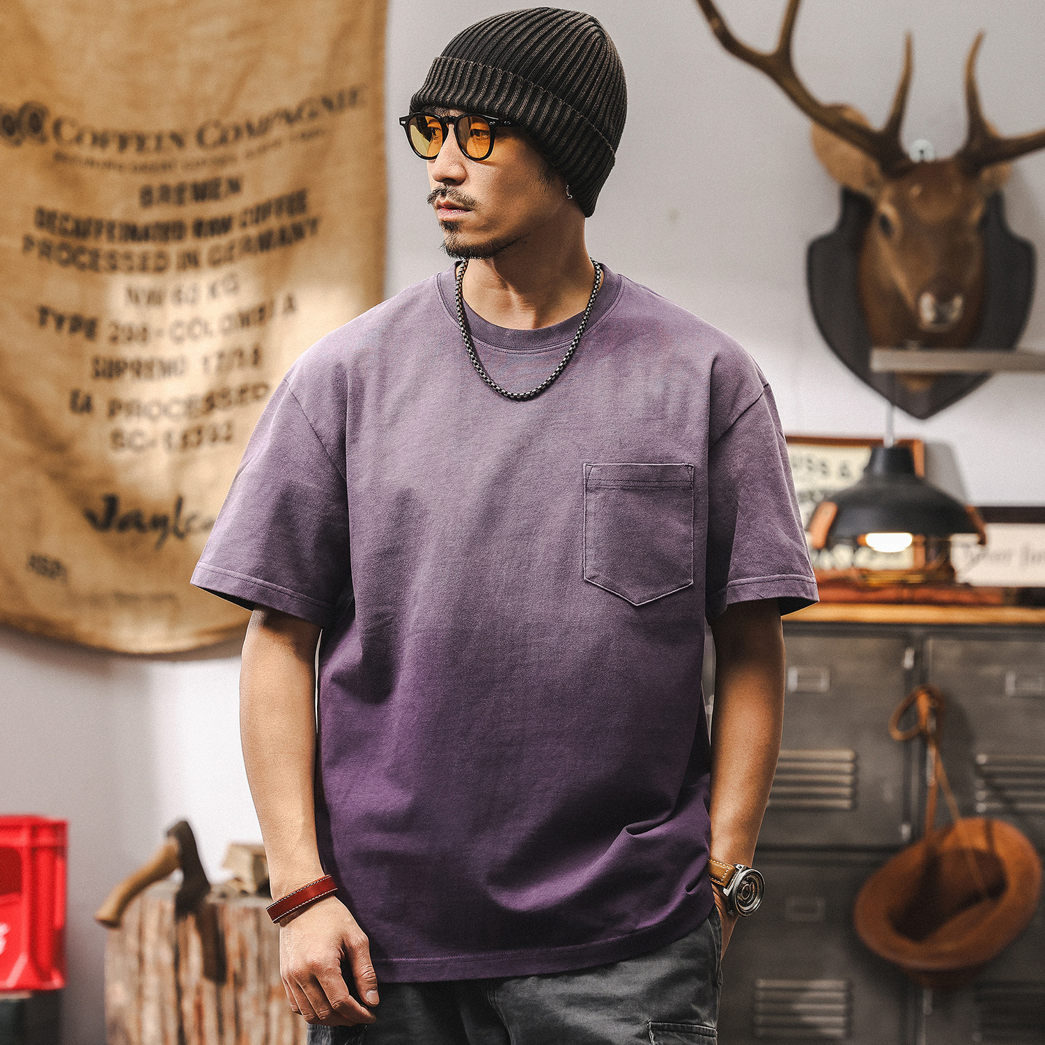 阿蘇特漸變水洗T恤夏季美式短袖潮牌寬鬆百搭紫色多巴胺上衣T男潮