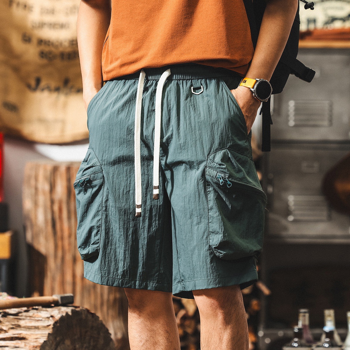 美式復古冰絲涼感薄款工裝短褲男夏季戶外機能休閒寬鬆直筒五分褲