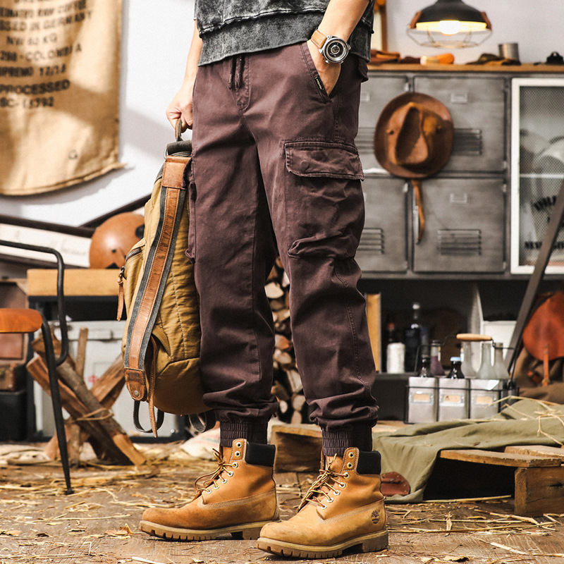 美式復古紫色工裝褲男寬鬆潮牌秋季多口袋束腳城市戶外通勤休閒褲