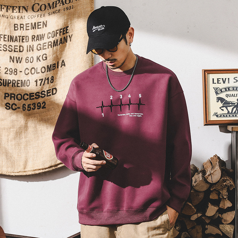 美式潮牌重磅酒紅色衛衣男款2024新款秋季寬松印花套頭休閑上衣男