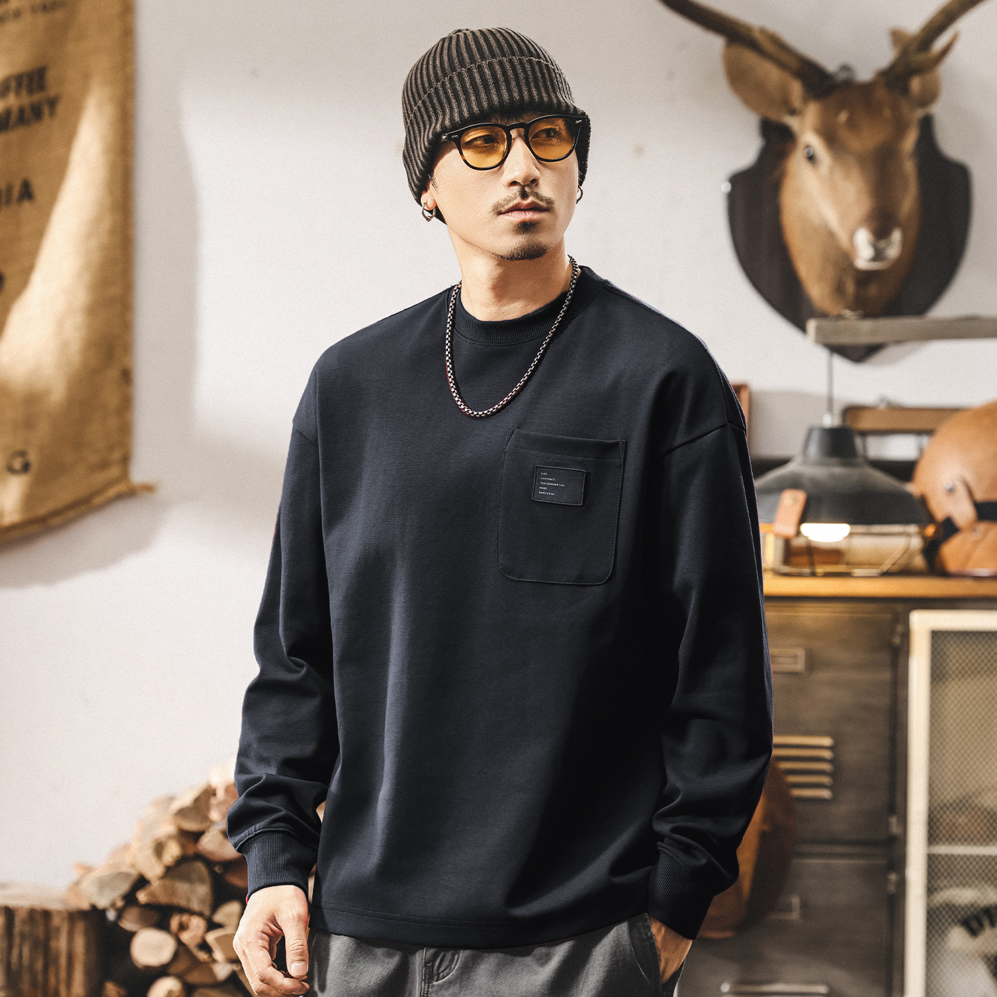 美式復古重磅衛衣男春秋2025新款長袖t恤男秋季寬鬆大碼潮流上衣T