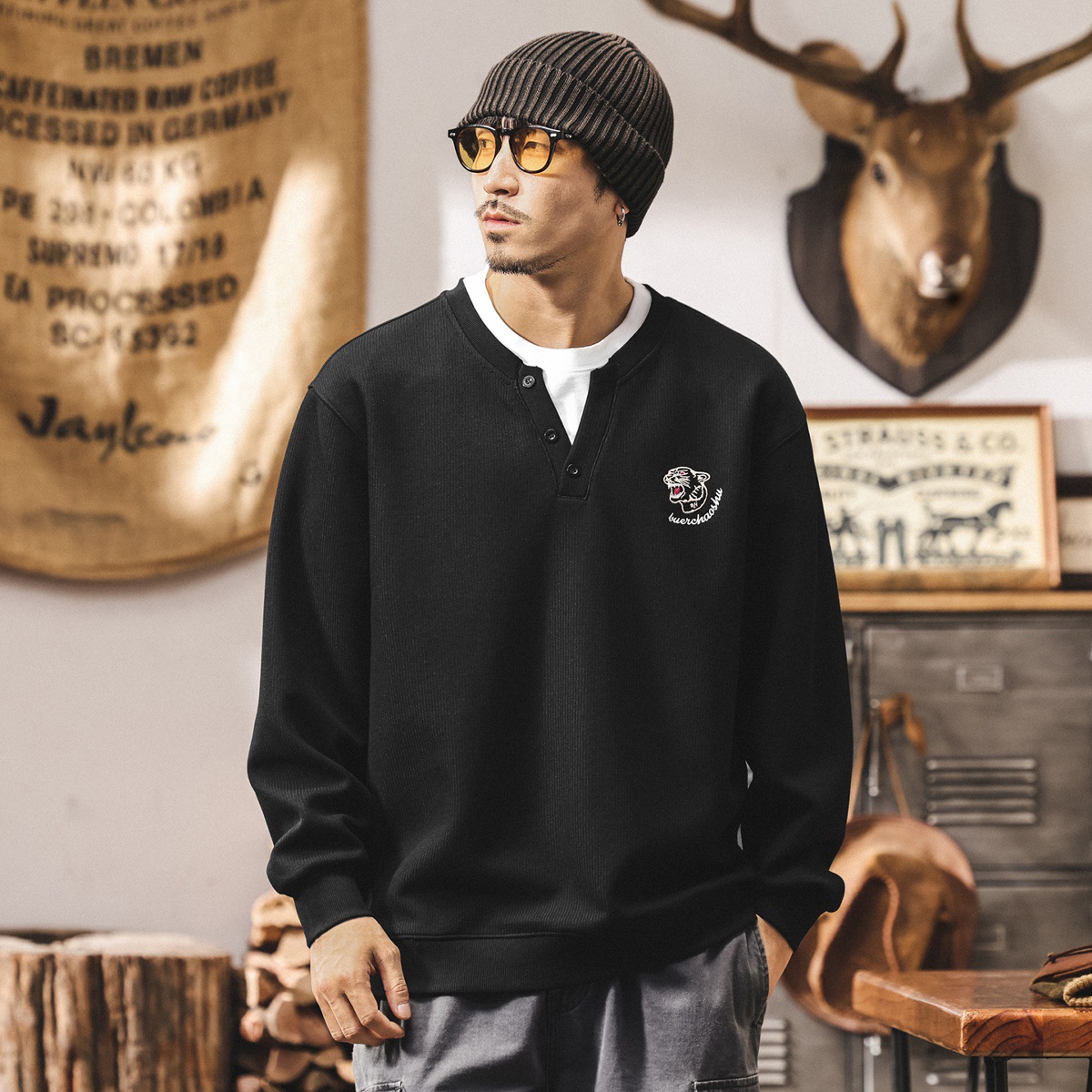 美式復古假兩件衛衣男潮牌2025新款春秋重磅寬鬆亨利領紫色上衣男