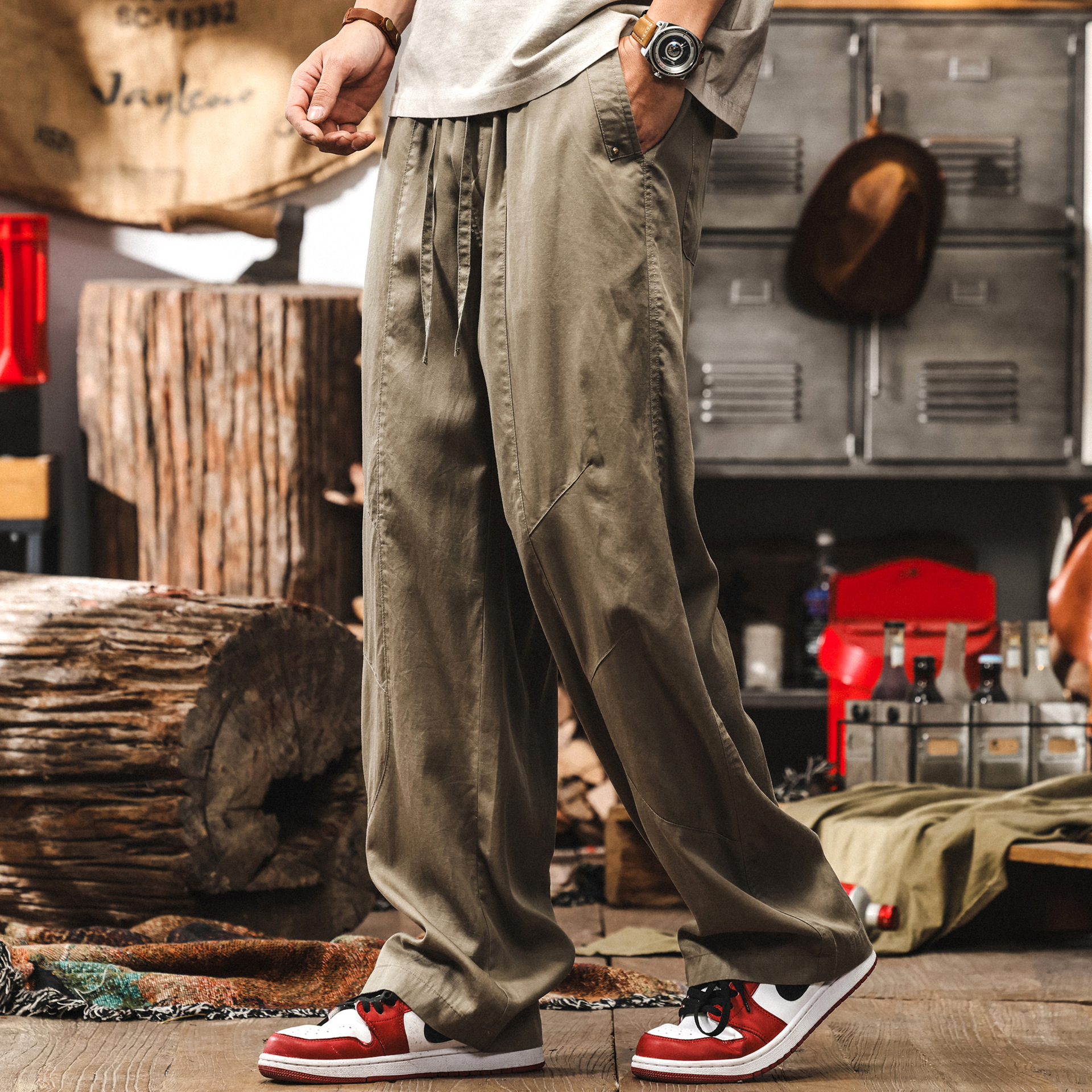 萊賽爾親膚冰絲亞麻褲子男夏季薄款美式復古寬鬆直筒男士休閒長褲