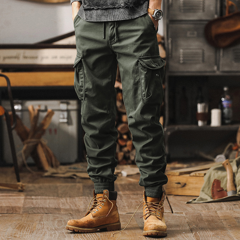美式復古秋季工裝褲子男2024新款寬鬆休閒褲戶外機能戰術束腳褲男