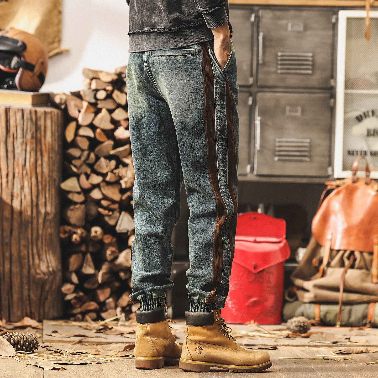 美式復古秋季牛仔褲2025新款潮牌拼接潮牌潮流設計感休閒工裝褲子