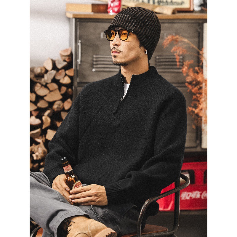 美式復古7針重磅半拉鍊毛衣男秋冬寬鬆慵懶風半高領針織衫外套男