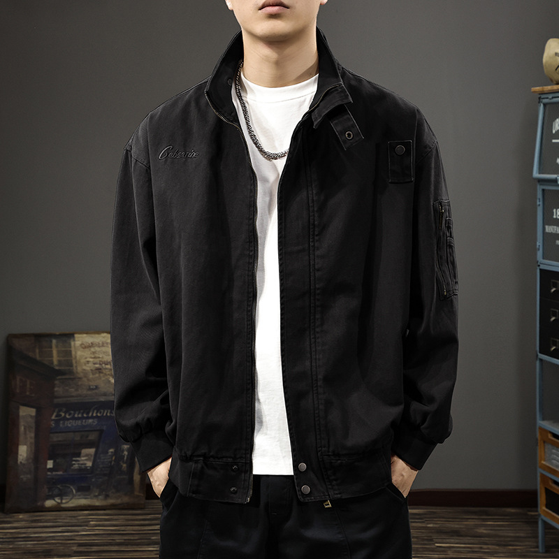 秋冬新款立領加棉工裝夾克男復古刺繡美式休閒獵裝寬鬆外套上衣潮