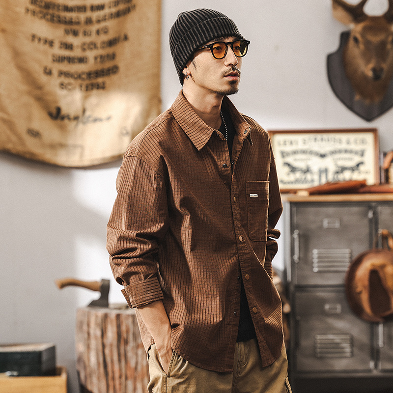 美拉德復古格子襯衫男美式春季2025新款美系潮牌寬鬆休閒長袖襯衣