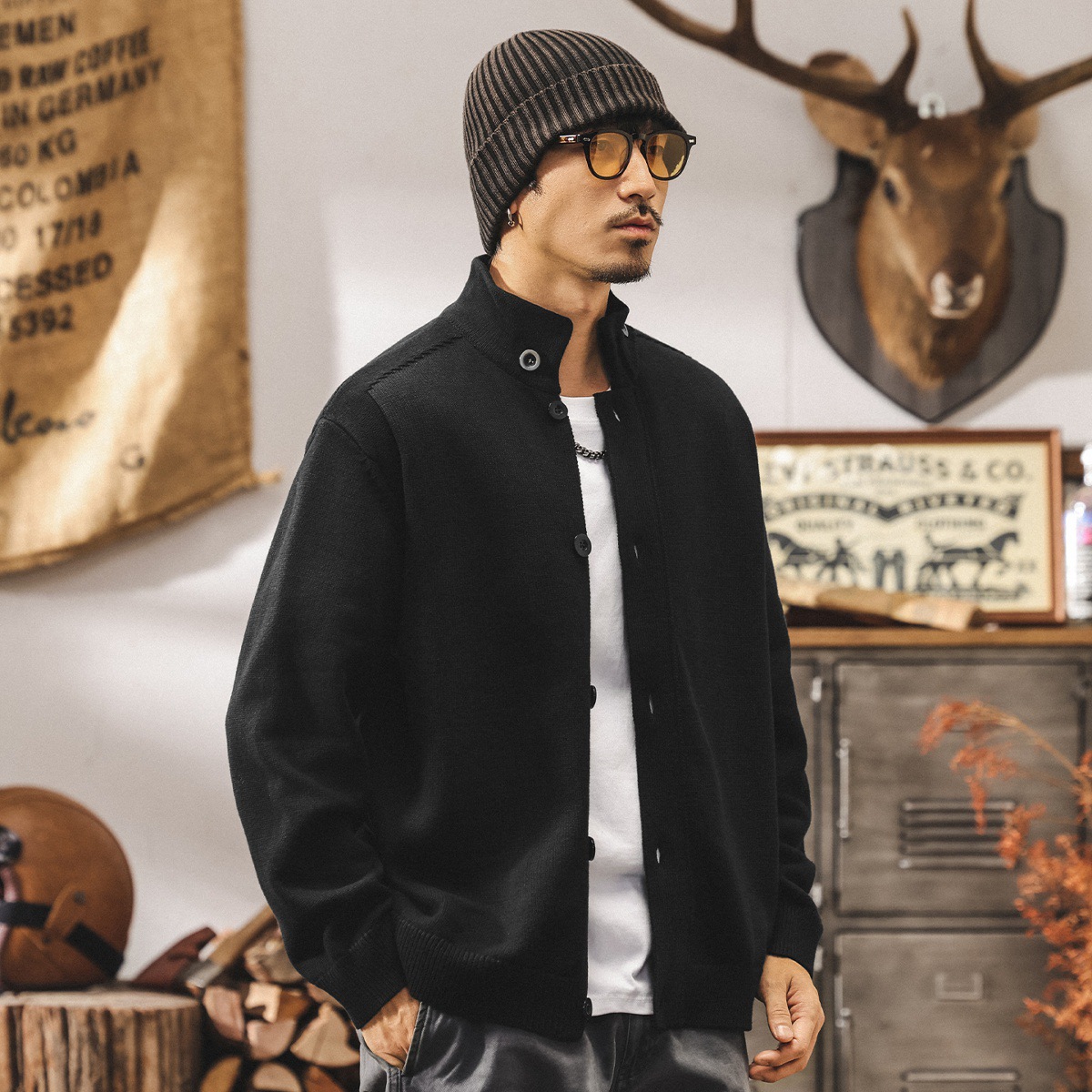 美式復古重磅半高領開衫毛衣男春秋新款立領男士針織衫外套男秋冬