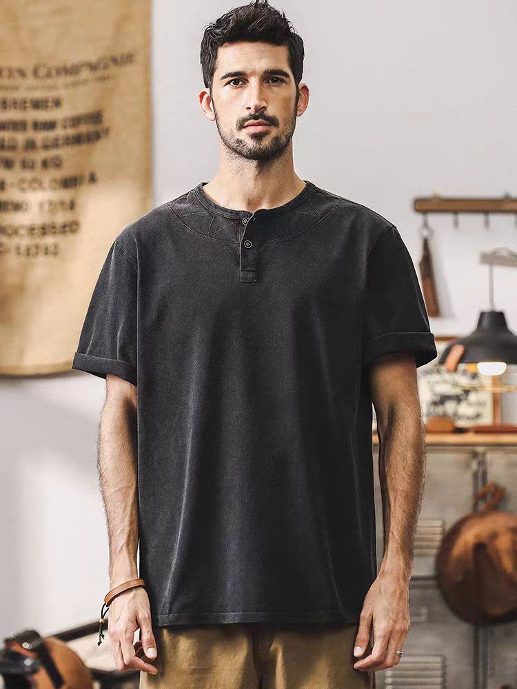 美式重磅復古衛衣男秋冬款潮牌寬鬆大碼水洗做舊打底亨利杉男