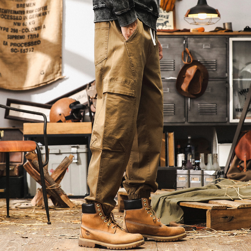 美式復古工裝褲子男秋季戶外潮牌多口袋休閒褲男士寬鬆卡其色褲子