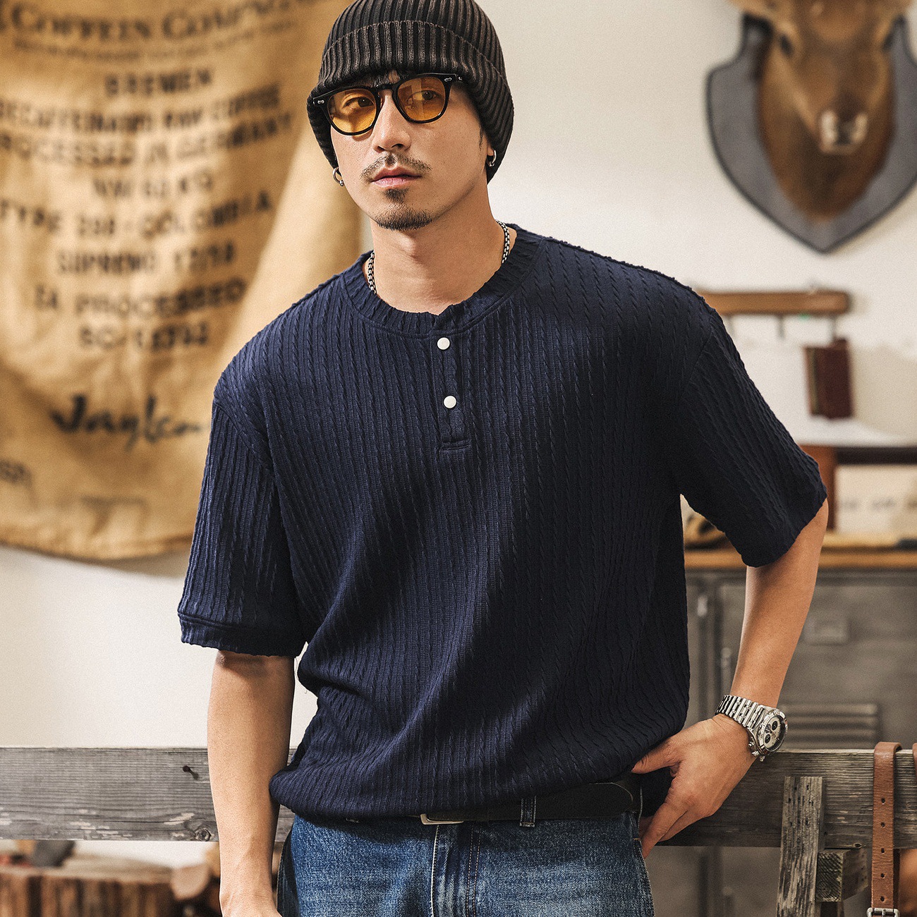 美式復古老錢風亨利領短袖Polo衫男款夏季潮牌豎紋扭花針織T恤男