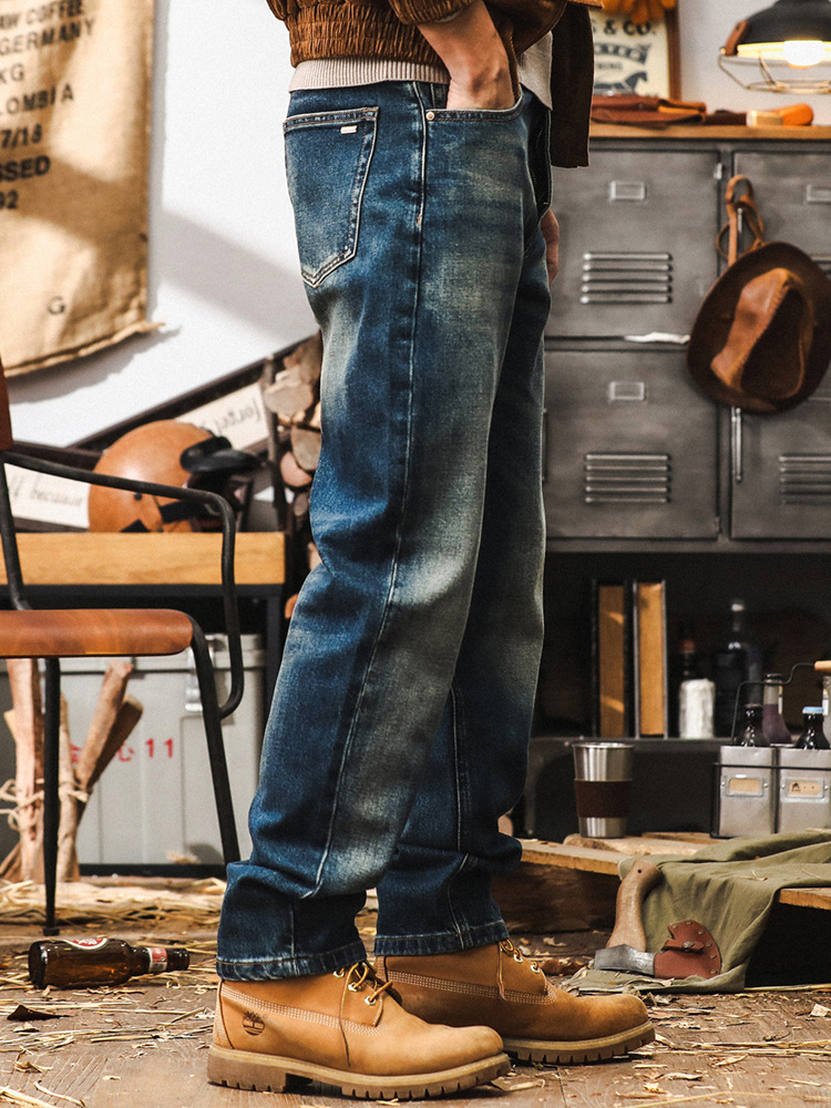 美式經典復古牛仔褲男秋季2024新款寬鬆直筒潮牌做舊水洗休閒長褲