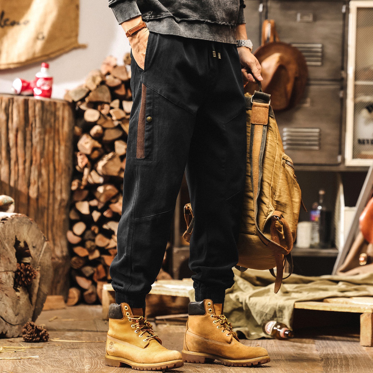 美式復古重磅黑色工裝褲子男2025秋季寬鬆新款拼接束腳男士休閒褲