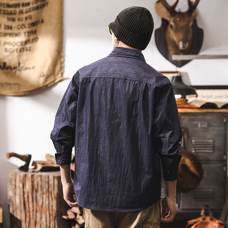 美式山系戶外棉錦工裝襯衫男薄款秋季外套潮牌寬鬆休閒長袖襯衣男