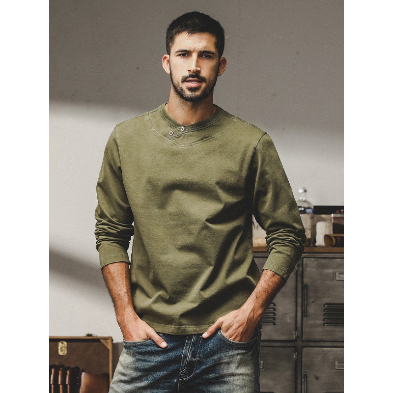 美式重磅精梳棉長袖T恤男秋冬款2023年潮牌簡約百搭亨利領打底衫