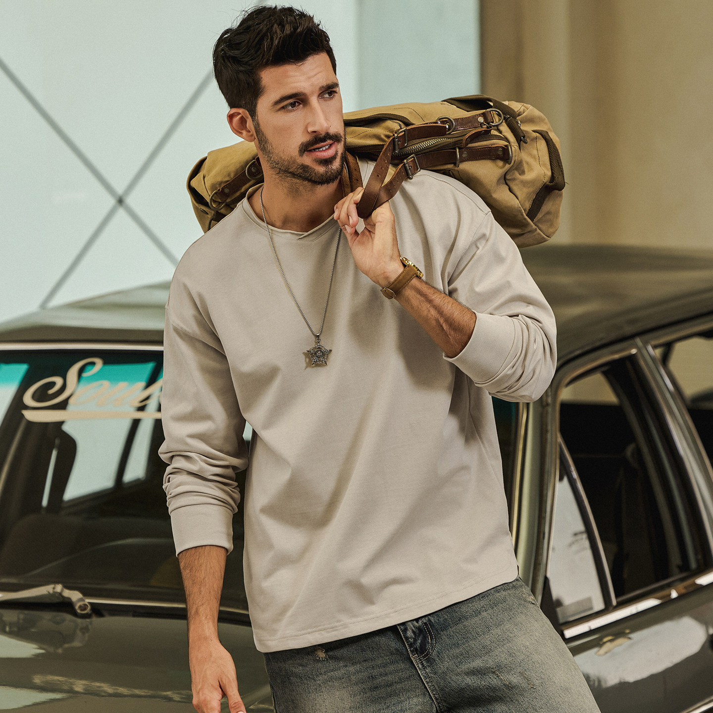 美式復古重磅270g【桃心領】長袖T恤男春季2026新款領打底衫