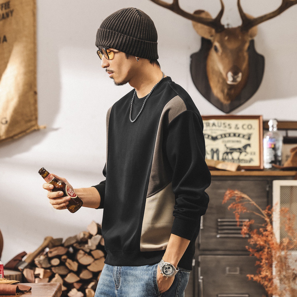 美式復古重磅男士衛衣2025新款春秋圓領寬鬆大碼男裝秋季拼色上衣