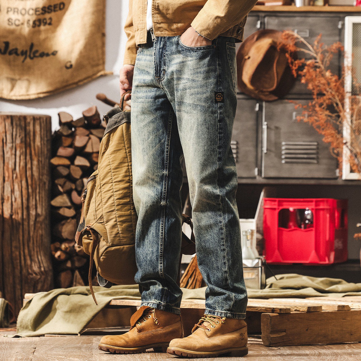 美式12.5盎司重磅牛仔褲男寬鬆直筒復古黃泥染水洗秋冬休閒長褲子